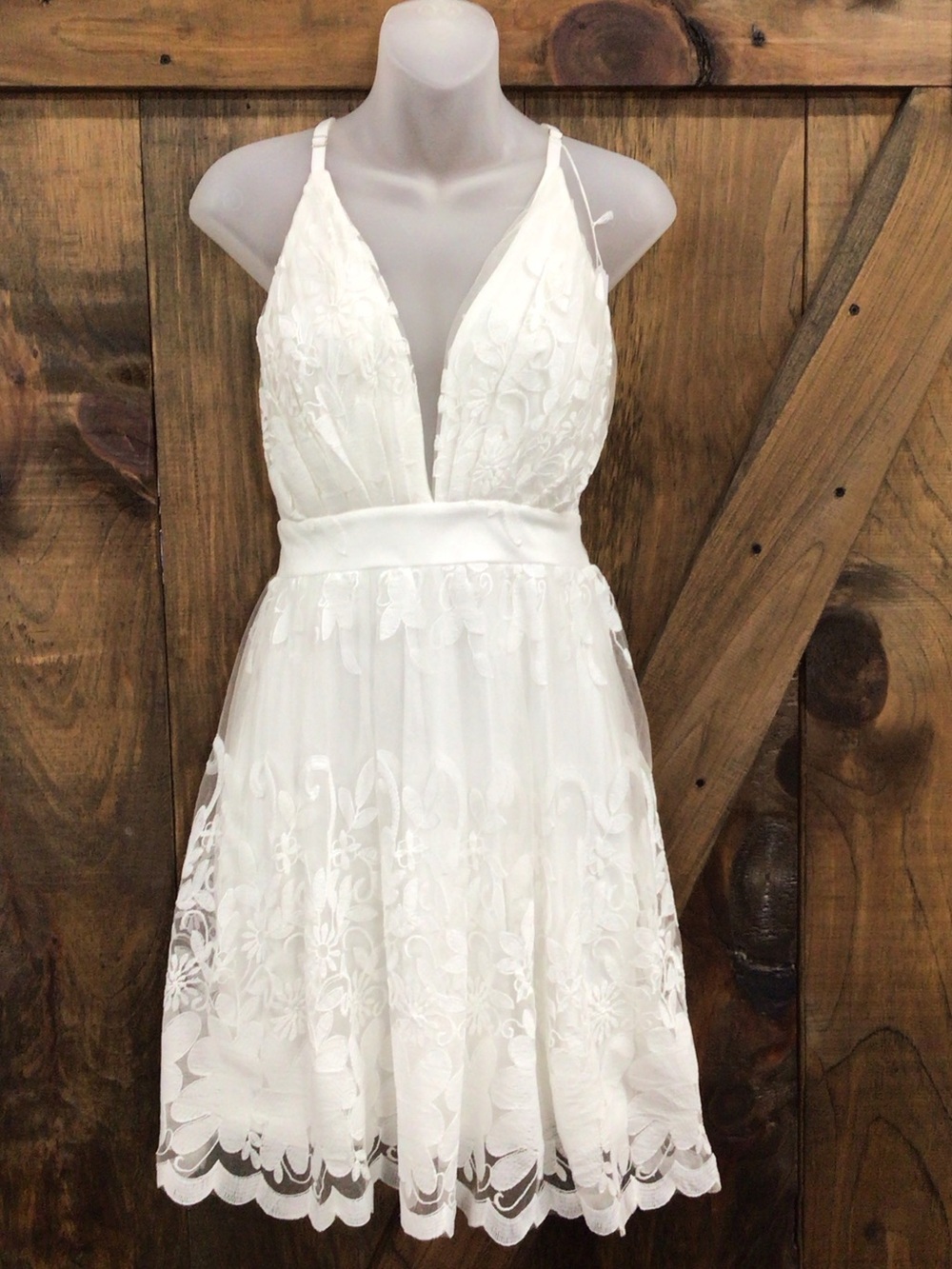 Plunging V-Neck White Lace Mini Dress with Scalloped Hem